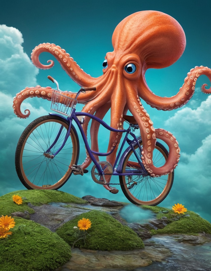 octopus, bicycle, strange creature, surreal, unusual, fantasy, humor