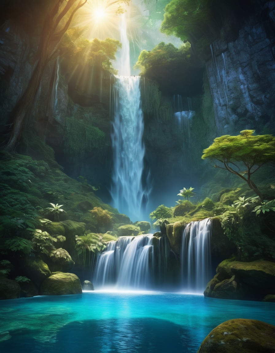 waterfall, enchanted water, glowing pool, fantasy scene, magic, nature, scenic beauty