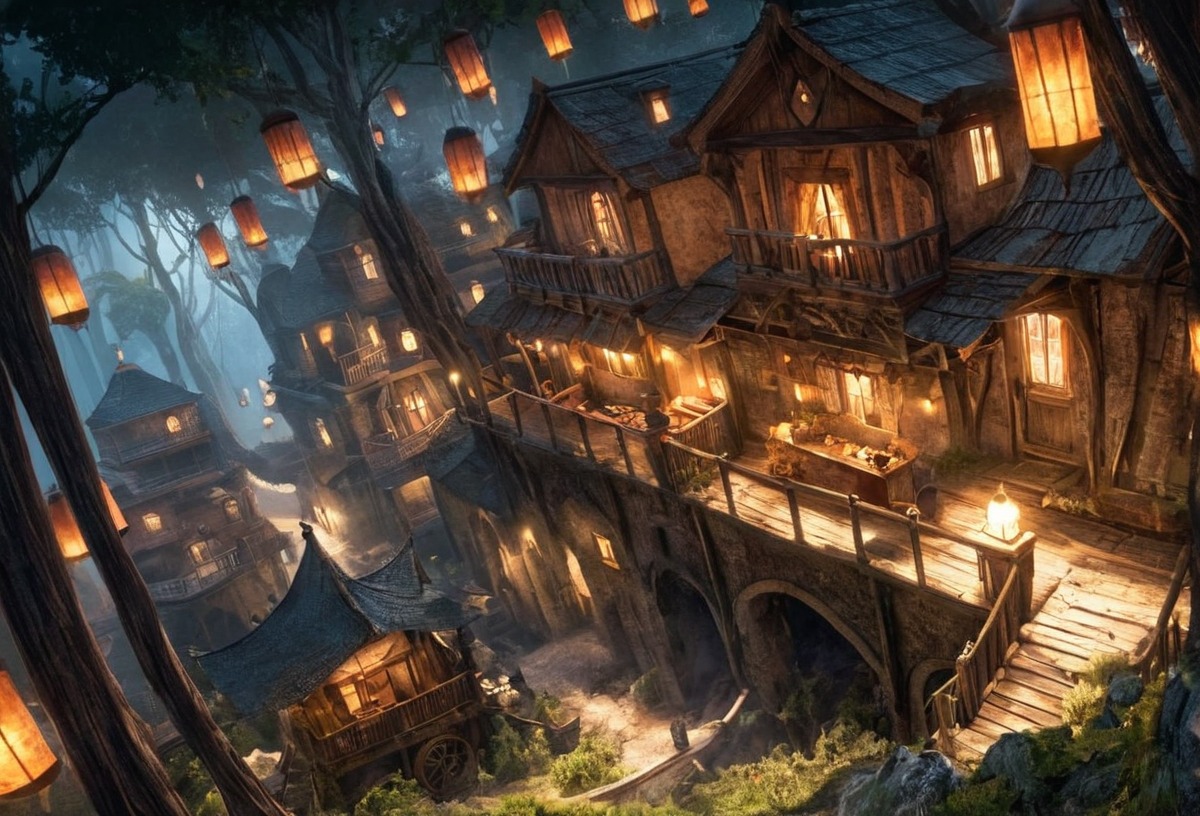 cozy, fantasy, lamps, lanterns, lights, lit, night, treehouse, treehouses, village, wood, wooden