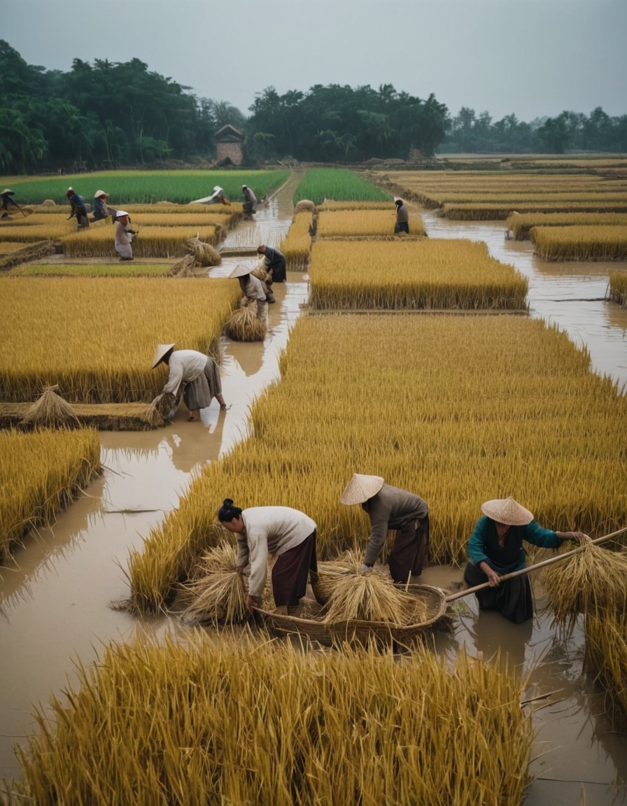 ancient agriculture, rice farming, flooded fields, traditional farming techniques, ancient china, 700 ad, historical farming practices