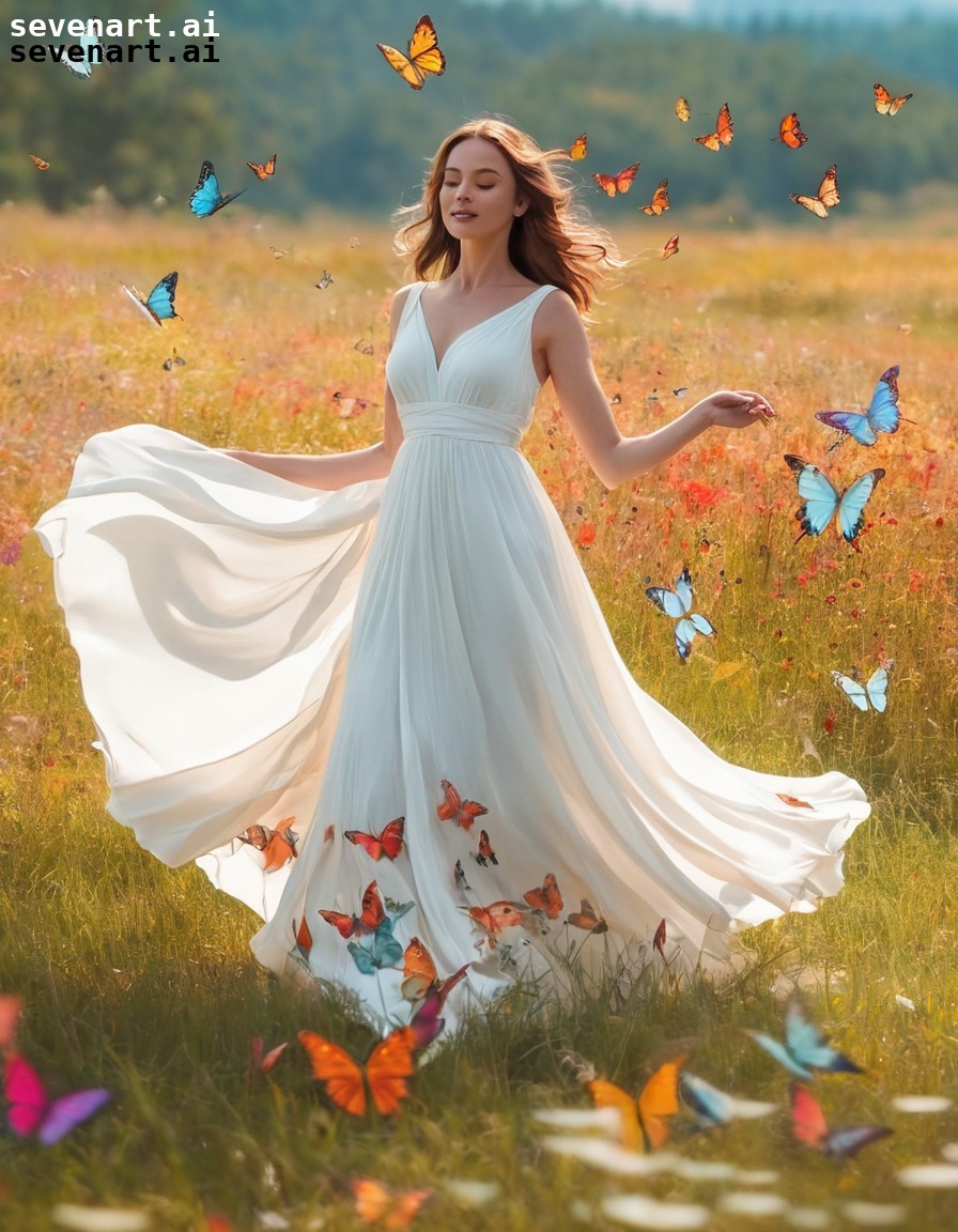 woman, meadow, white dress, twirling, butterflies