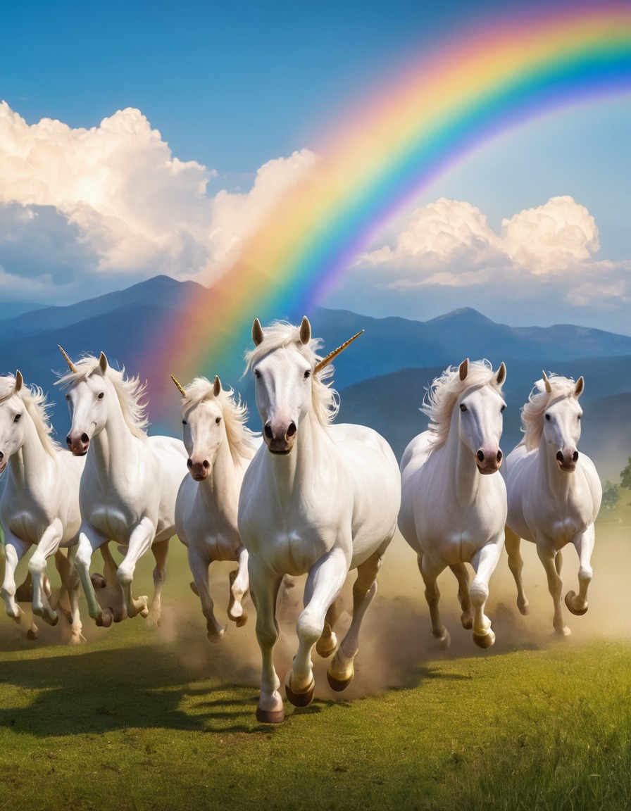 unicorns, herd, galloping, rainbow, fantasy, magic