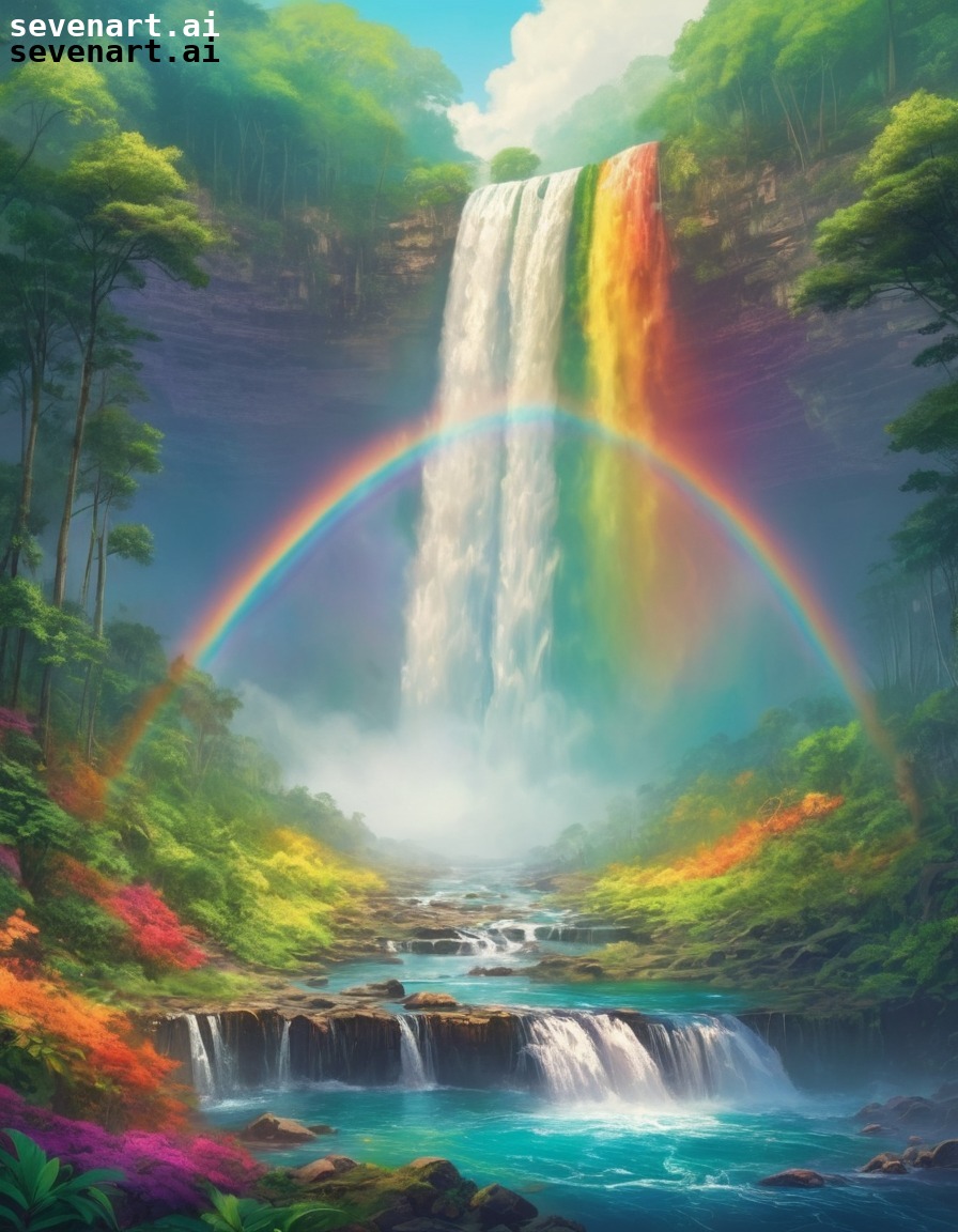 nature, waterfall, rainbow, forest, colorful