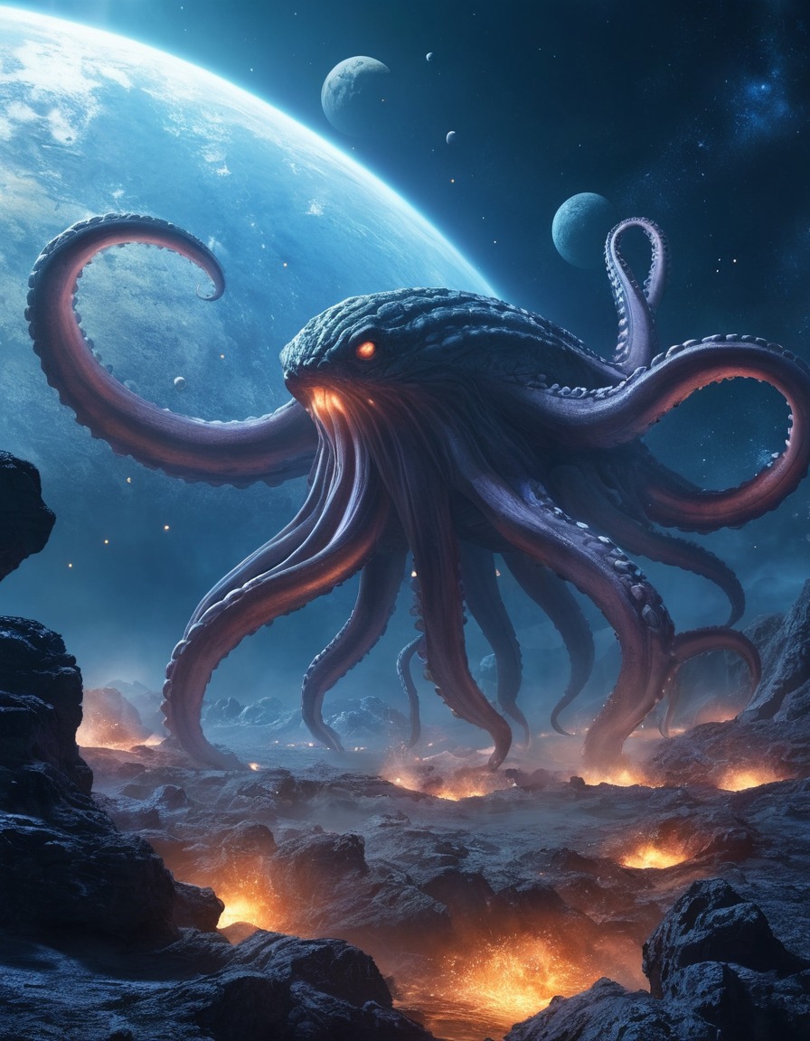 space creature, tentacles, asteroid field, outer space, cosmic entity, fantasy, science fiction