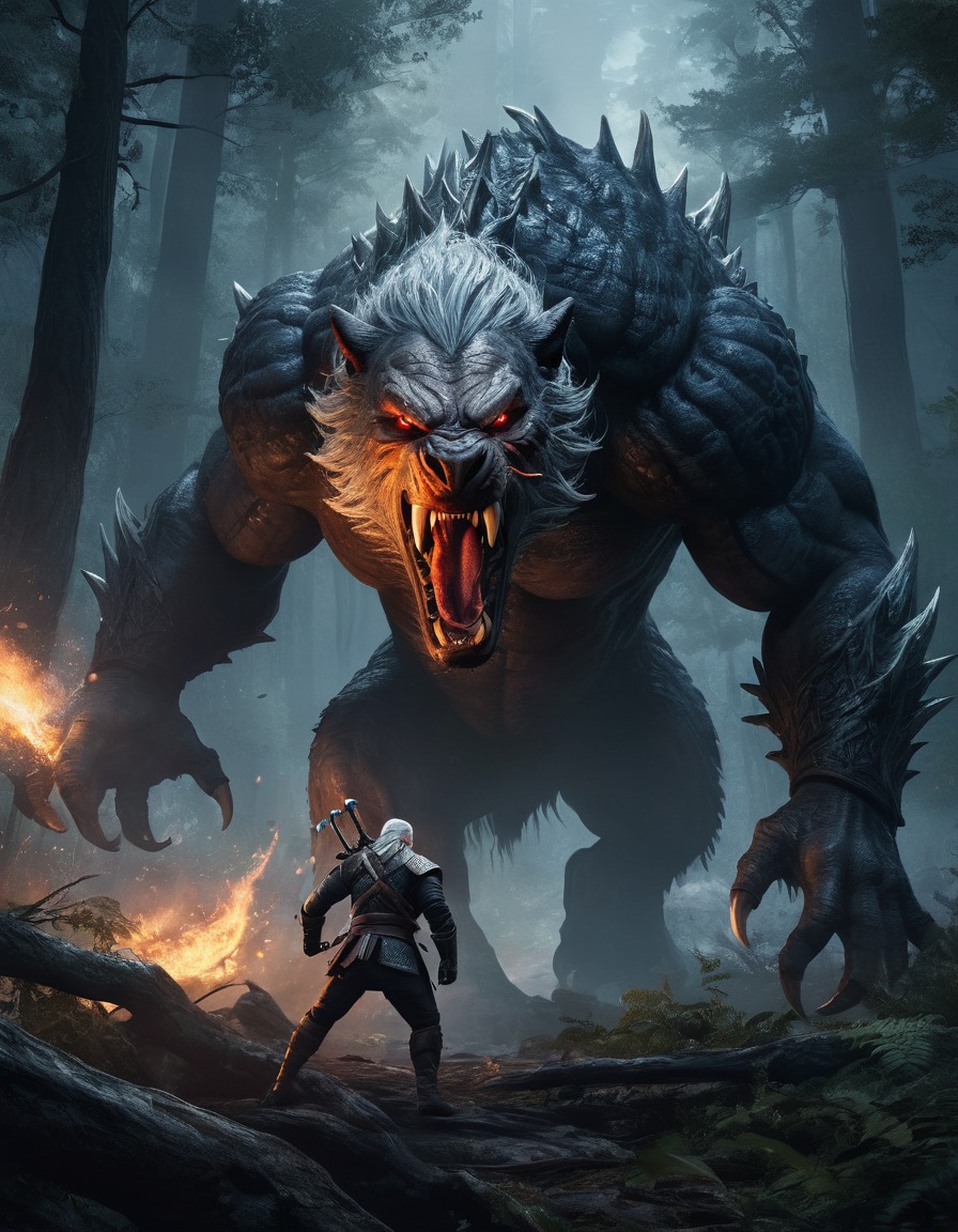 geralt of rivia, monster, battle scene, forest, fantasy, video game, computer games