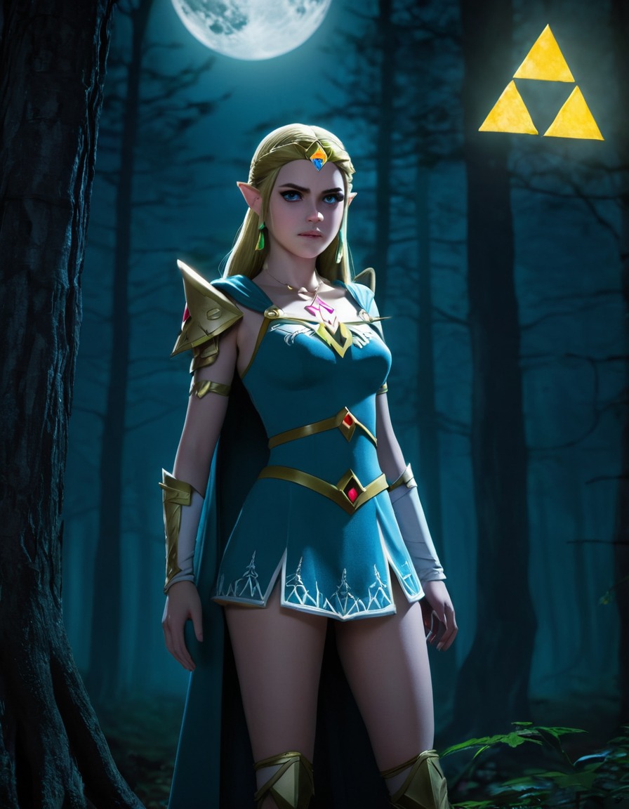 princess zelda, triforce, moonlit forest, fantasy, video game, nintendo, games, dark