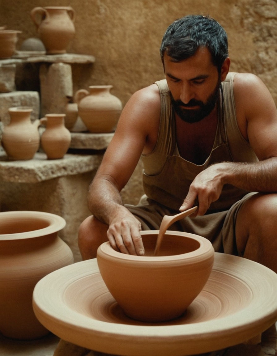 ancient greece, pottery making, potter's wheel, craftsmanship, 600 bc, men, fashion