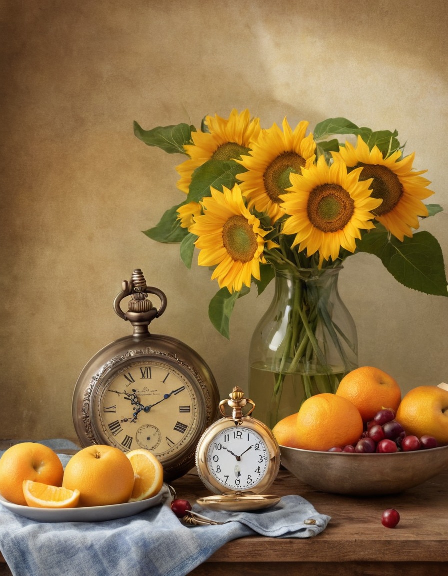 still life, sunflowers, fruit bowl, pocket watch, vintage, composition