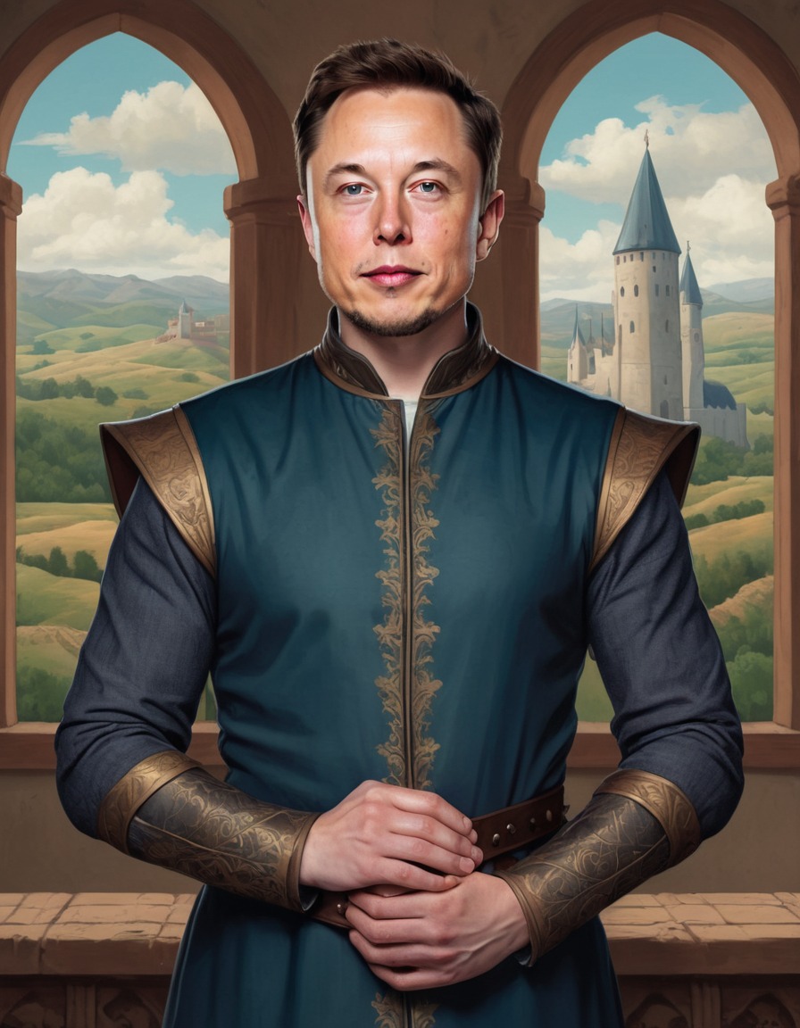 elon musk, medieval attire, traditional painting, creativity