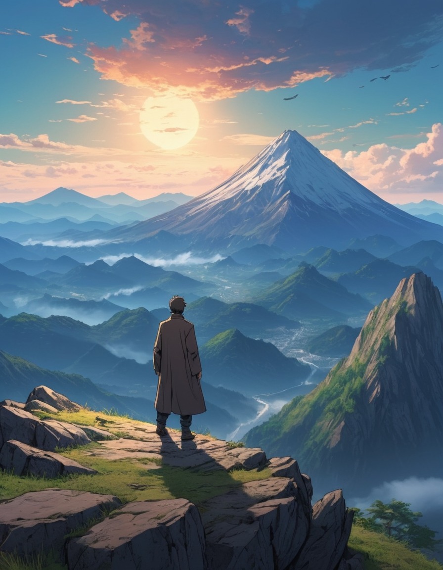 mountain, landscape, figure, summit, friedrich nietzsche, philosophy, inspiration, anime