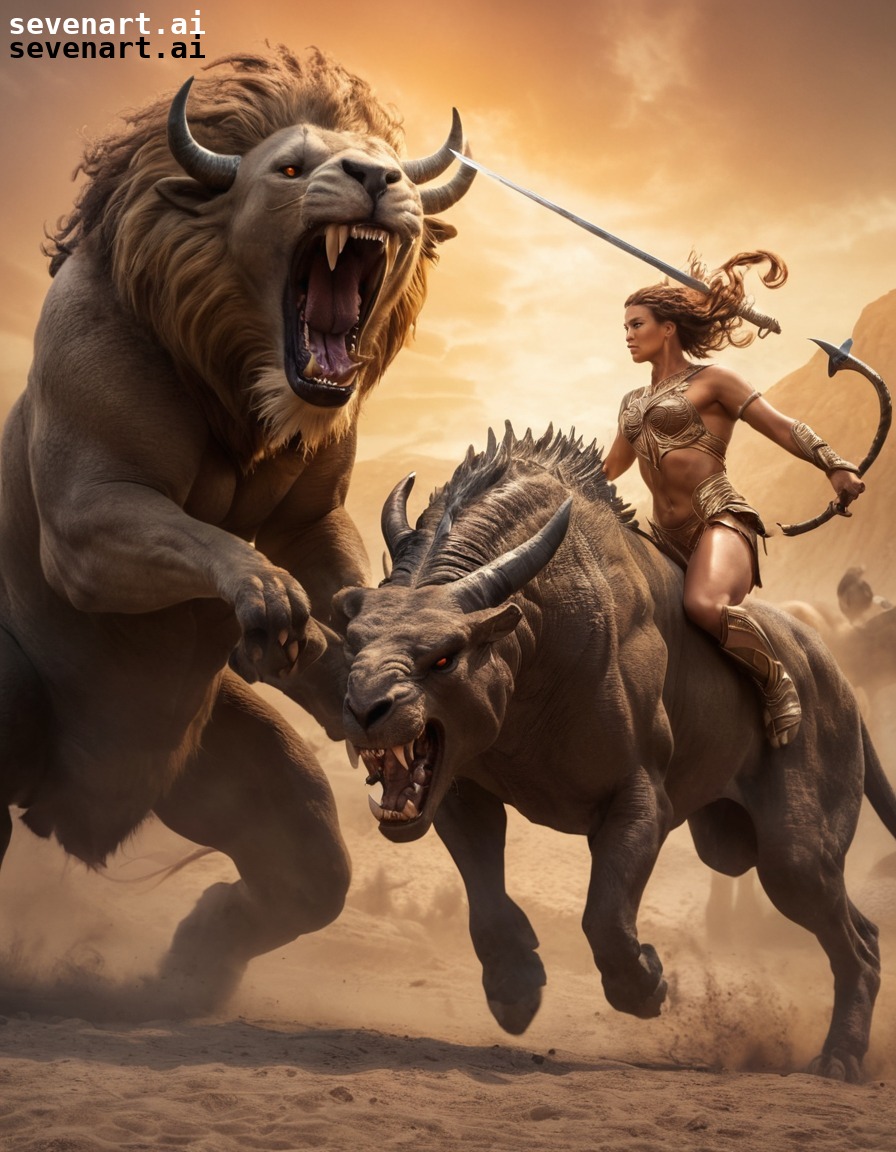 fantasy, mythical creatures, battle, centaur, chimera