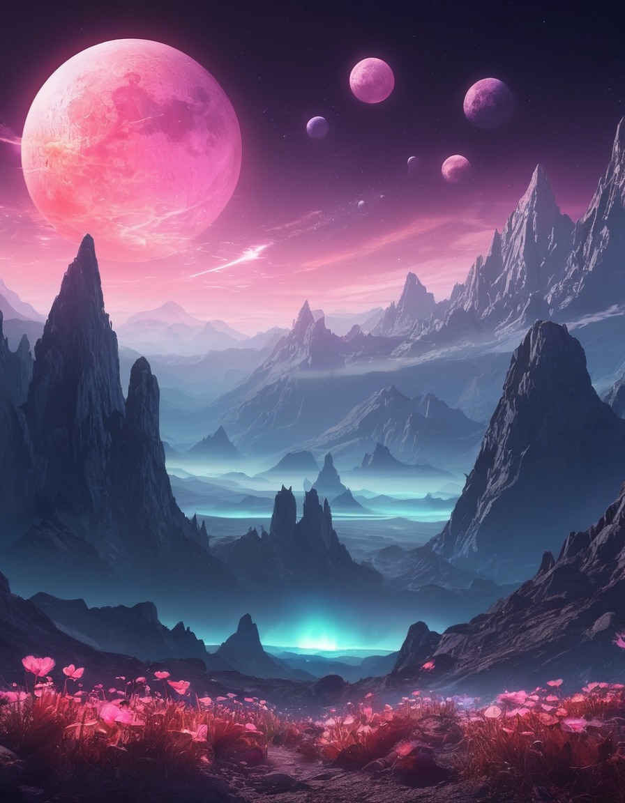 alien world, towering mountains, glowing flora, multiple moons, fantasy landscape, space, stars