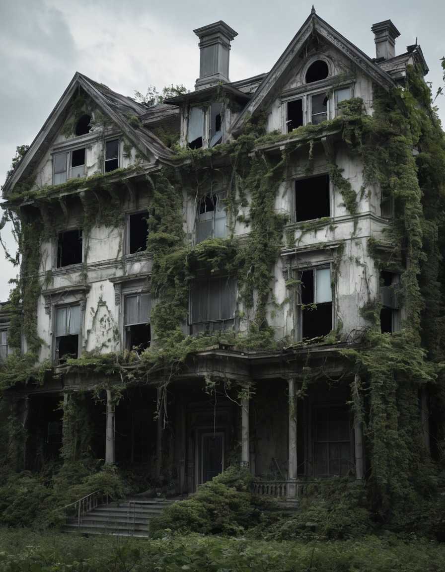 abandoned building, haunted house, creepy, overgrown vines, mansion, gothic, underground, dark