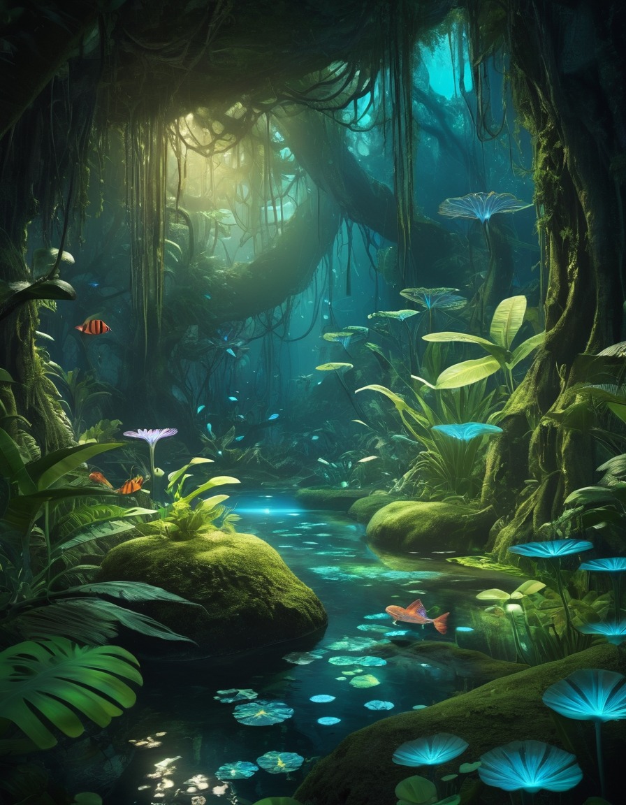 jungle, bioluminescent, holographic, nature, wildlife, fantastic