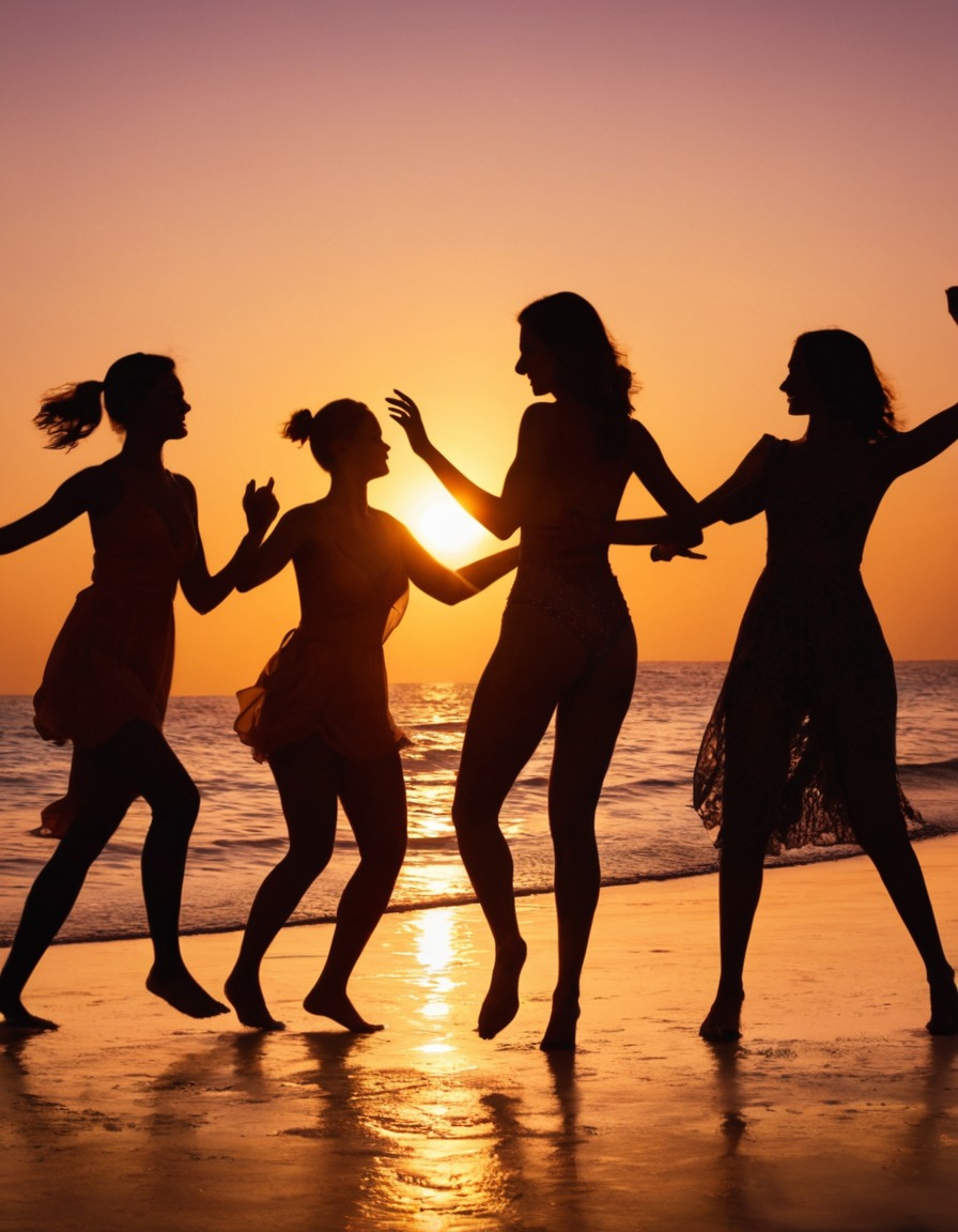 beach, sunset, silhouettes, dancing