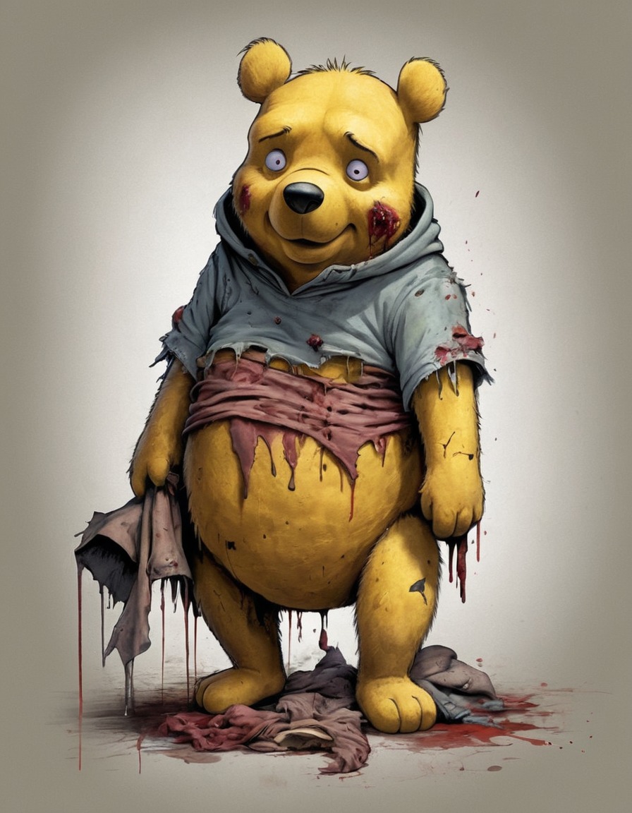 winnie the pooh, torn clothing, missing fur, zombie-like eyes, illustration, zombie