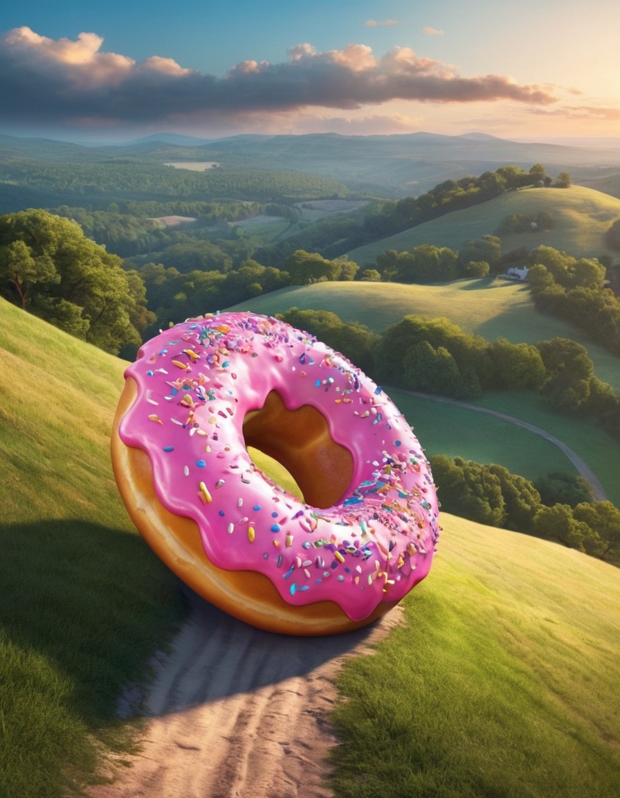 strange, giant donut, rolling, hill, unexpected, surreal, bizarre