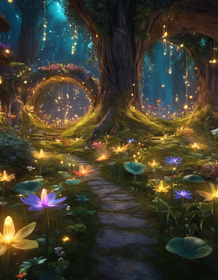 mystical garden, singing fairies, glowing fireflies, fantasy, enchanted, magical creatures