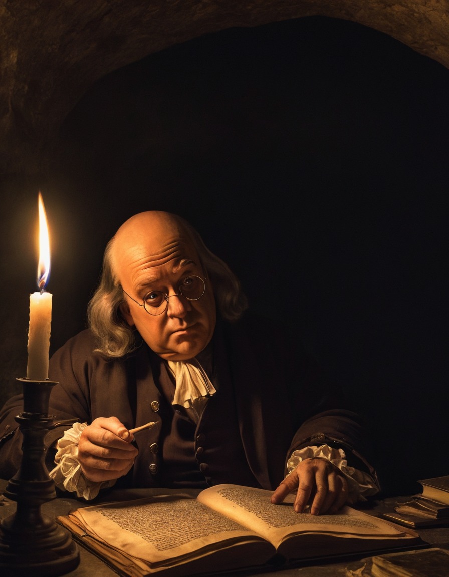 benjamin franklin, candlelight, studying, underground chamber