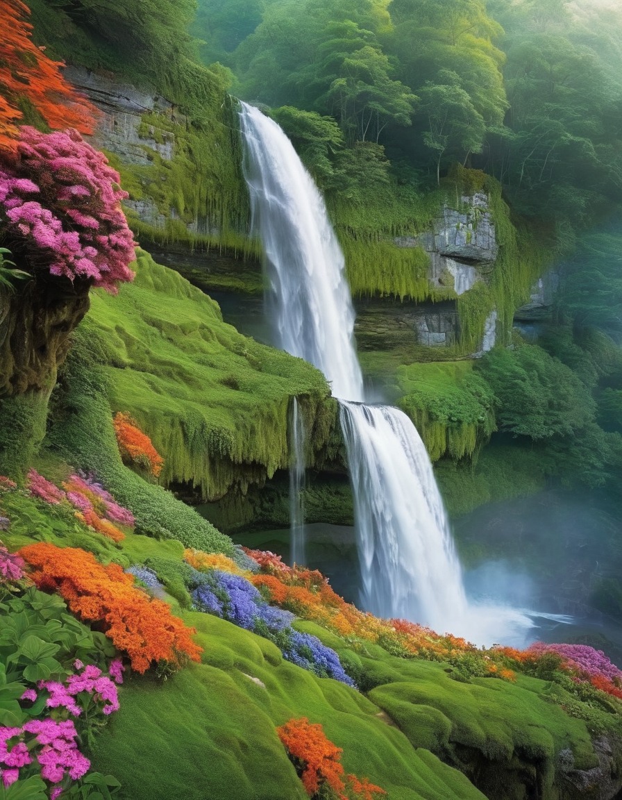 waterfall, nature, moss-covered cliff, lush greenery, colorful flowers, serene landscape