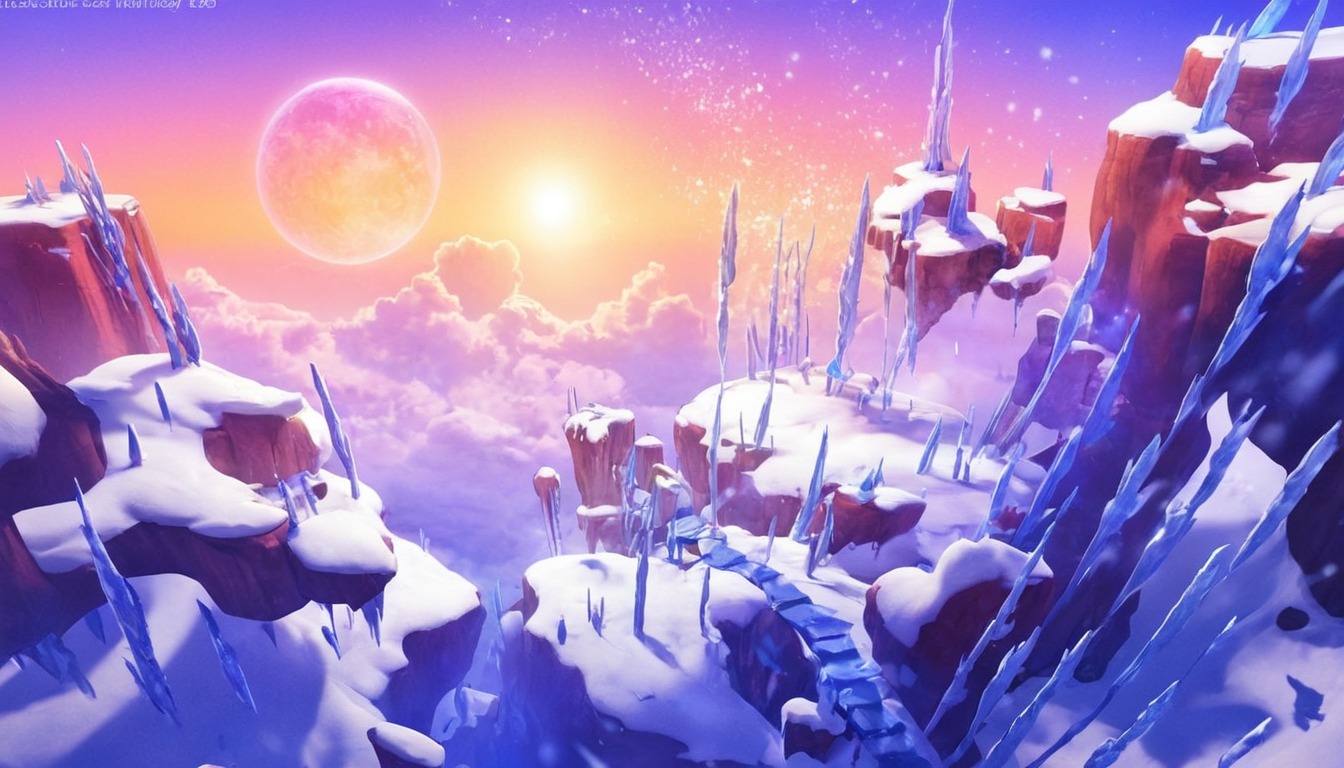 artcraft, environment, ice, landscape, mountains, purple, scenery, sea, snow, spikes, sunset, minecraft