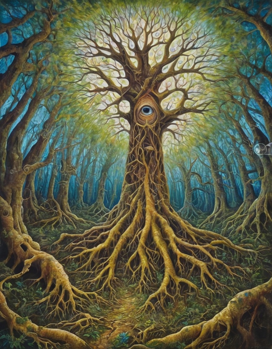 fantasy, surreal, magical, nature, trees with eyes