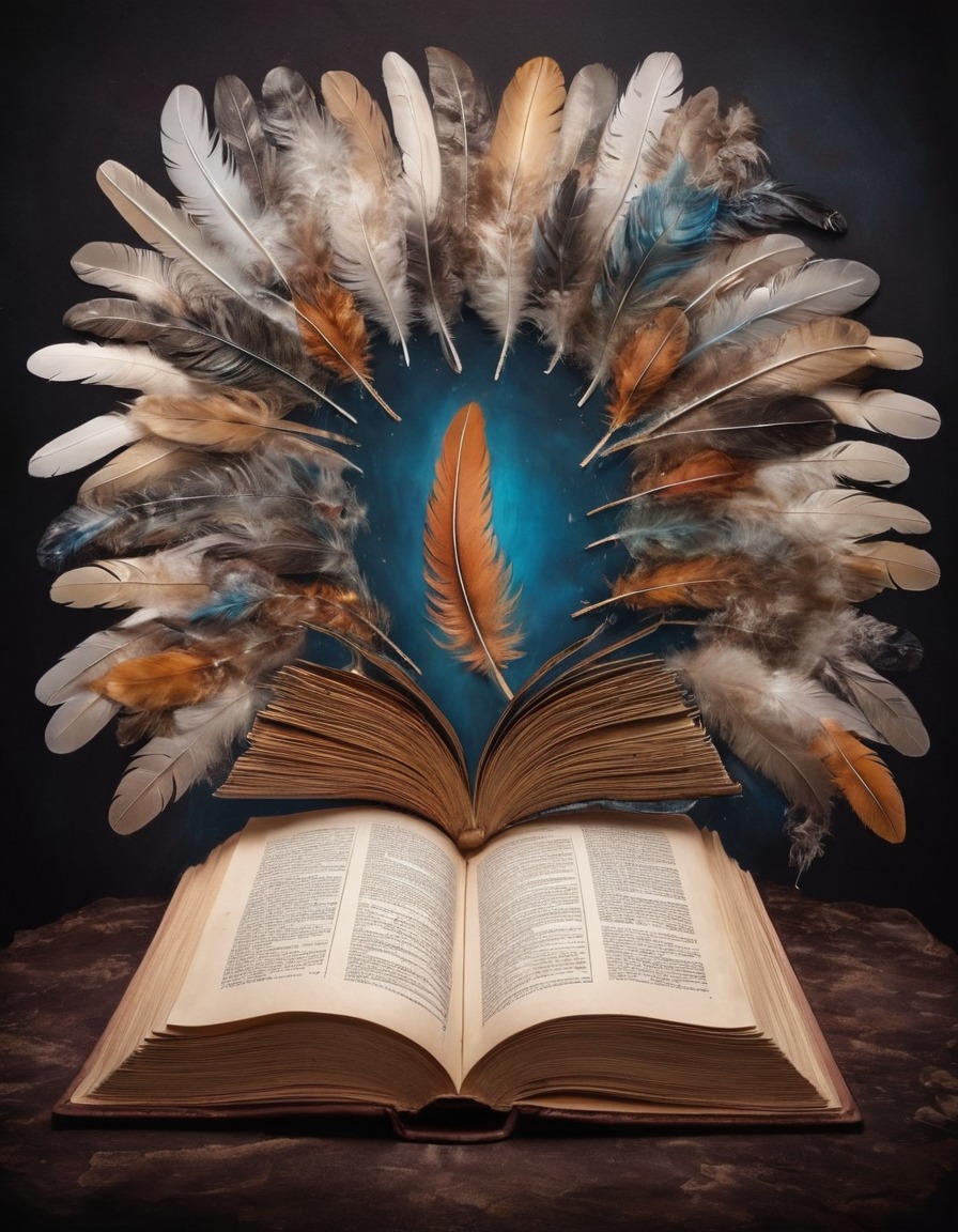 fantasy, magical realism, feathers, book, imagination, surreal