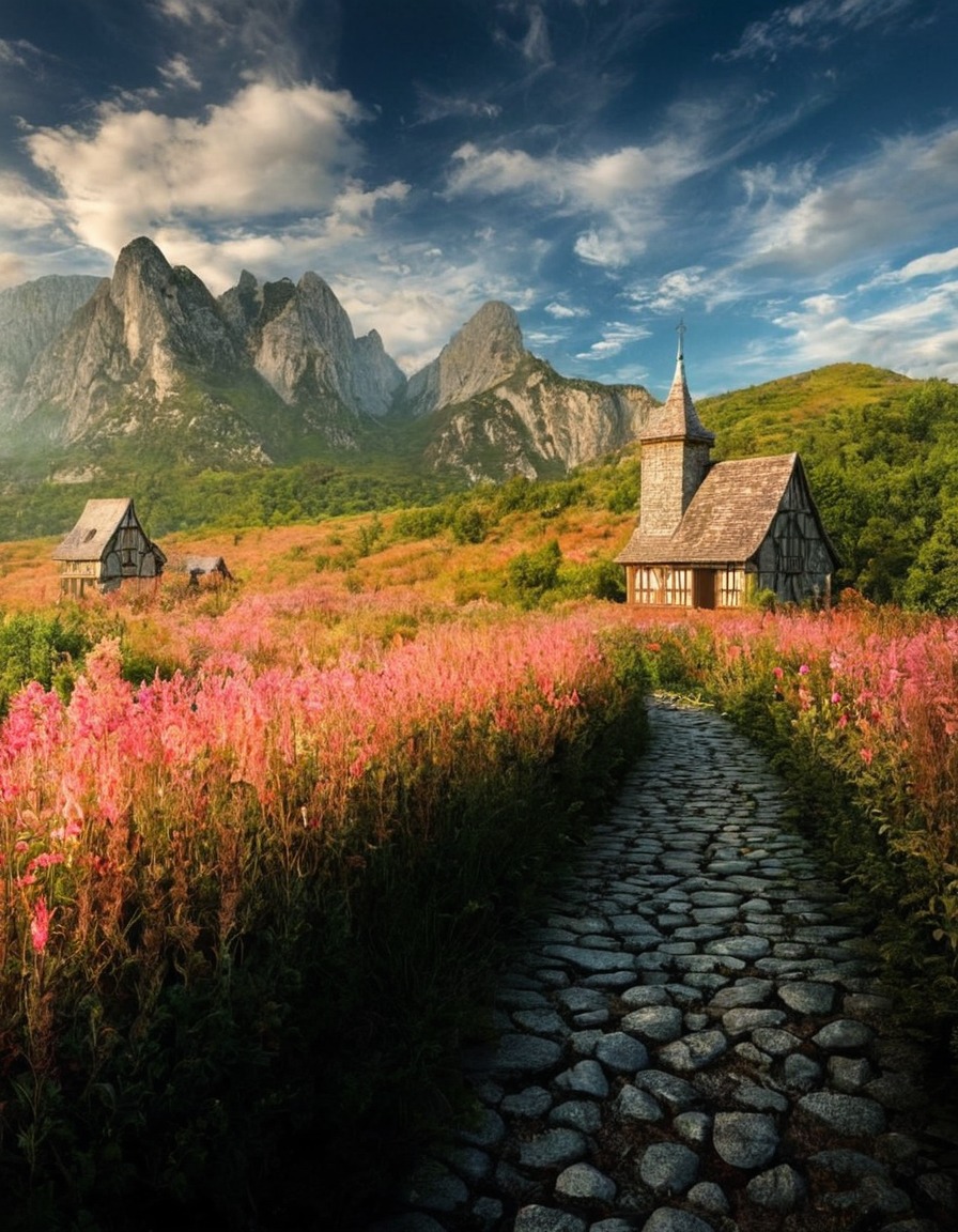 poland, landscape, mountain, cottage, pink flowers, wild flowers, path, nature, flowers, beautiful, petitworld favs