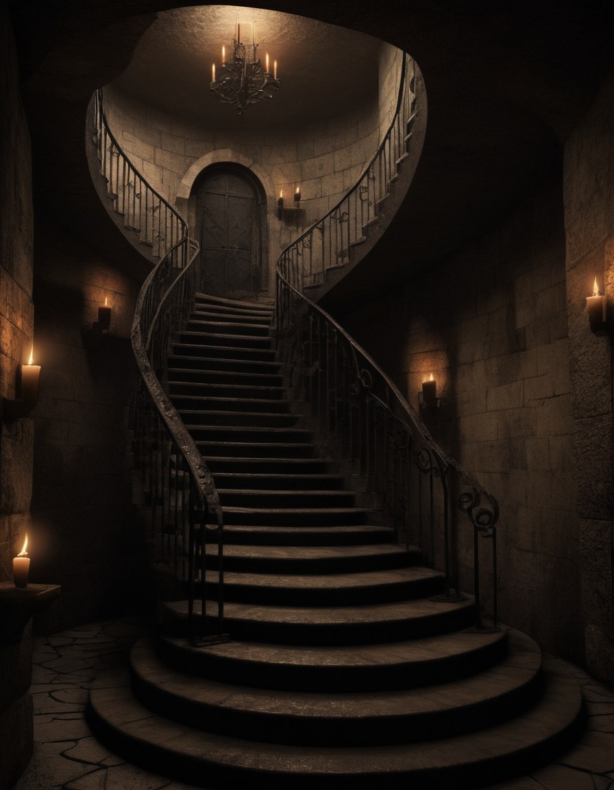 interior design, architecture, medieval, staircase, crypt, candles, darkness, gothic, underground, dark