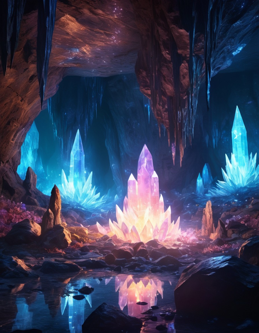 crystal cave, glowing crystals, mysterious energy, magical, cavern, enchanted, fantasy