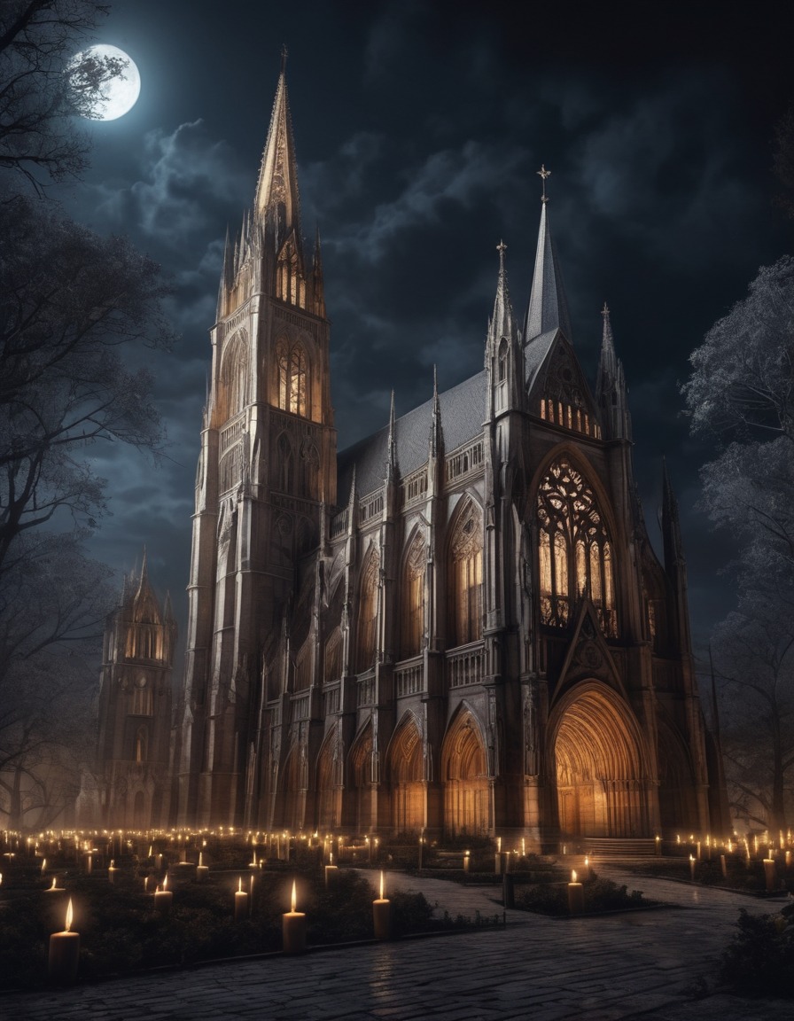 architecture, gothic, cathedral, night, moonlight