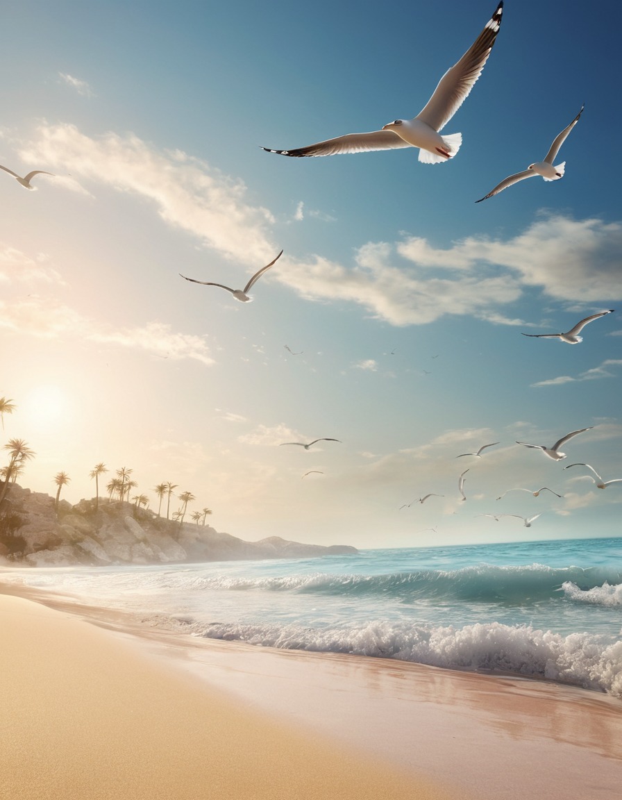 beach, waves, seagulls, nature, serenity