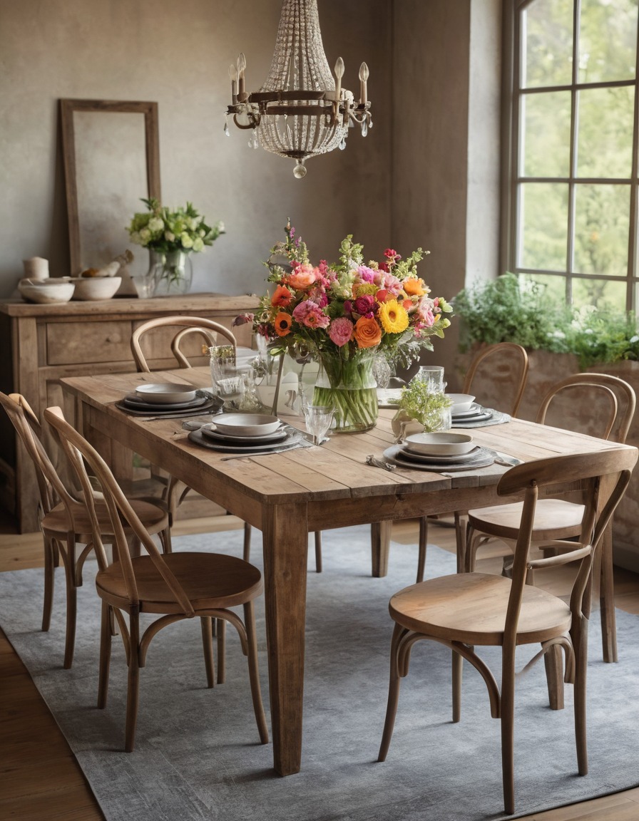 rustic, wooden, dining table, mismatched chairs, fresh flowers, centerpiece, home, interior