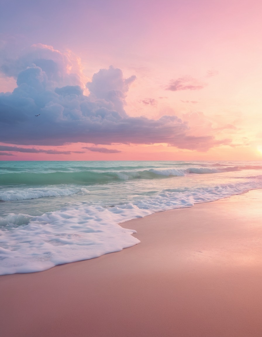 beach, sunset, tranquil, pastel colors, waves