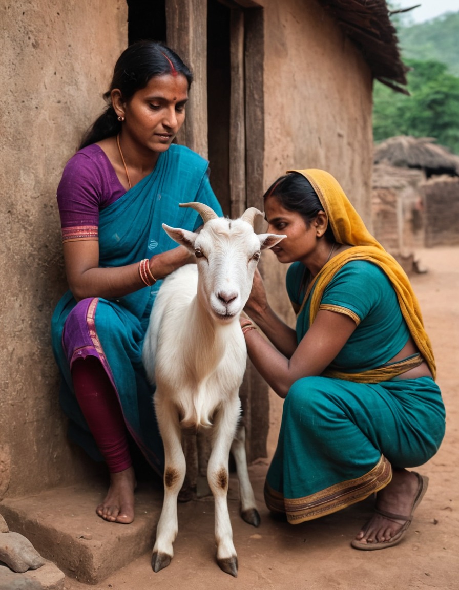 ancient india, rural village, woman, milking, goat, livestock, daily life