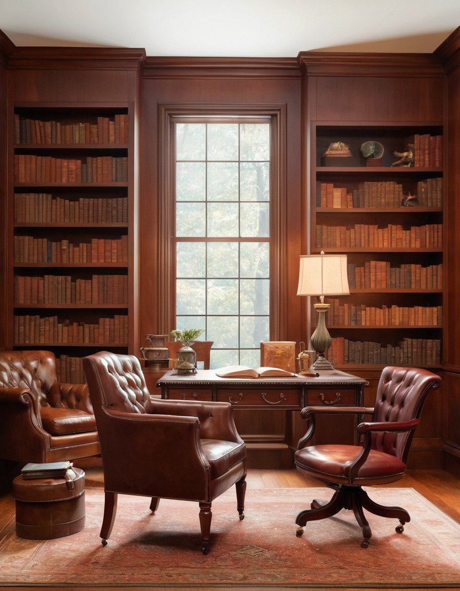 study, antique, mahogany desk, leather armchair, organized books, home, interior