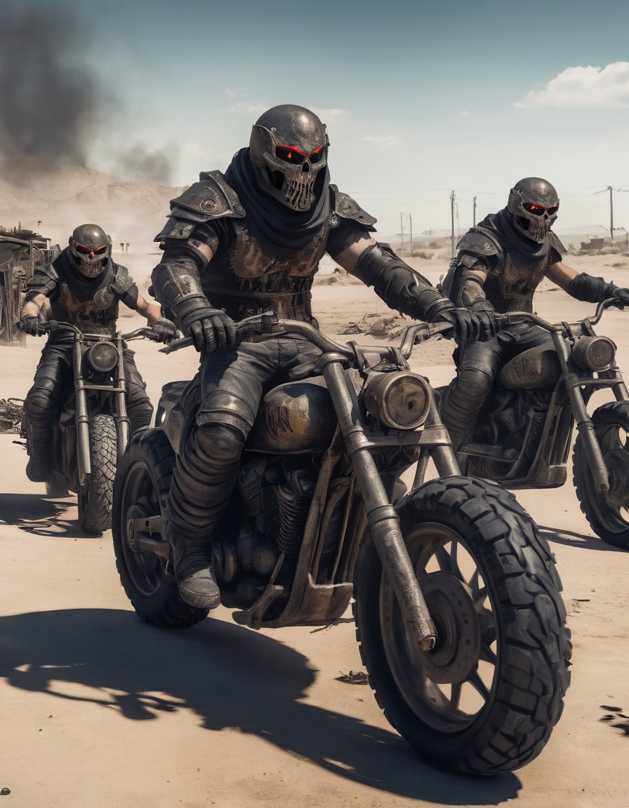 post-apocalyptic, wasteland, motorcycle gang, warriors, settlement, dystopian, mad max