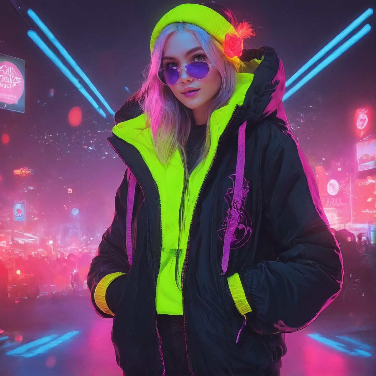 digitalart, characterdesign, videogamefanart, digitalpainting, cyberpunk, neon, dreamup, fanart, cartoon, scifi, conceptart, sweaterweather, ai_art