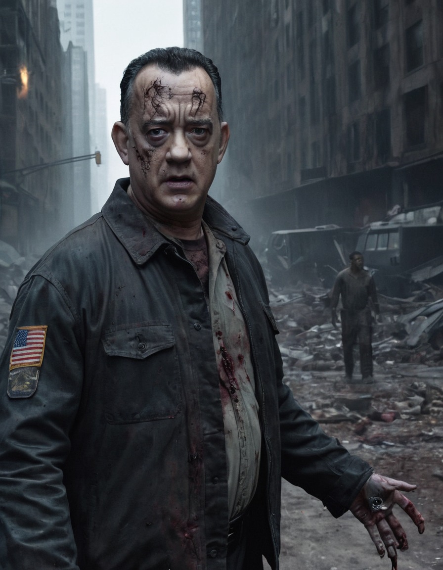 tom hanks, zombie, post-apocalyptic, cityscape, art, celebrities