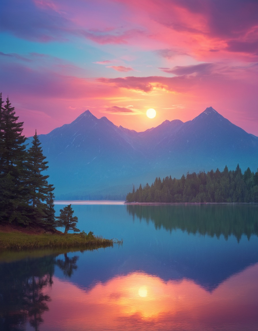 nature, sunset, lake, serene, vibrant