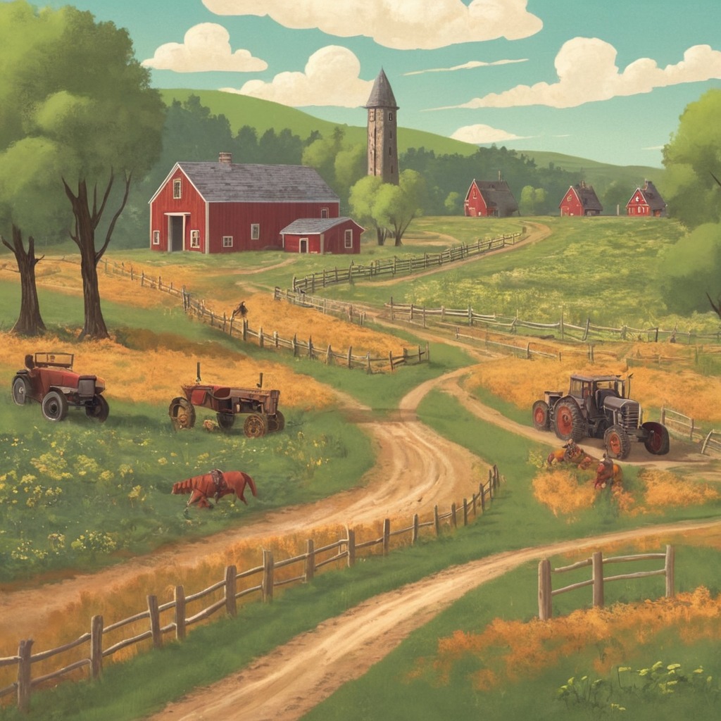 digitalart, dreamup, cartoon, digitalpainting, conceptart, landscapepainting, vintage, sky, western, fanart, farm, ai_art