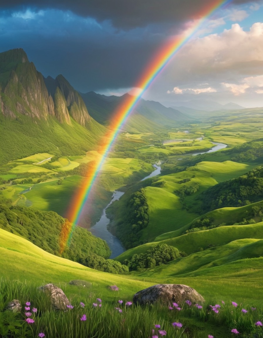 rainbow, colorful, lush green valley, nature