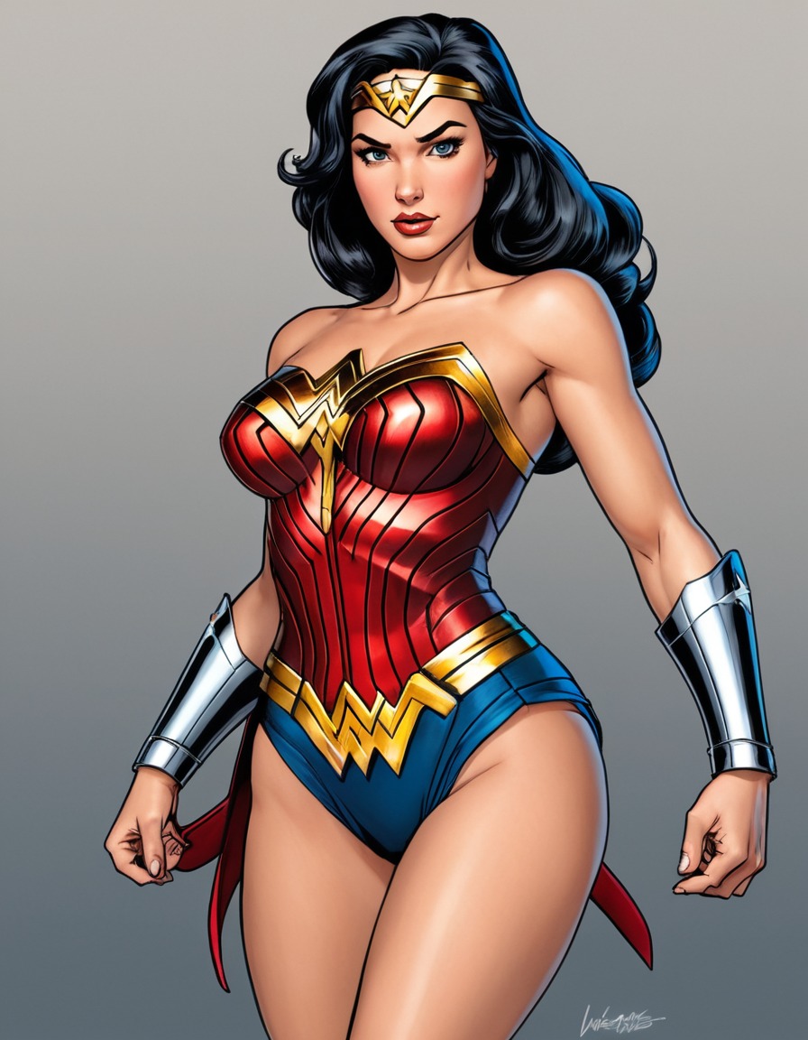 wonder woman, superheroine, comic book character, warrior, battle pose, seductive, powerful, sexy, superhero, painted