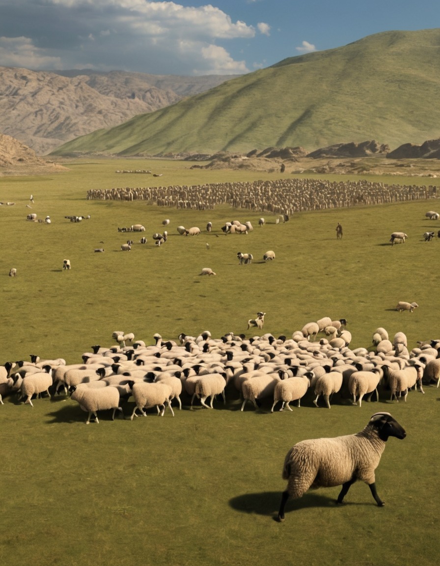 ancient shepherd, sheep, meadow, mesopotamia, 2000 bc