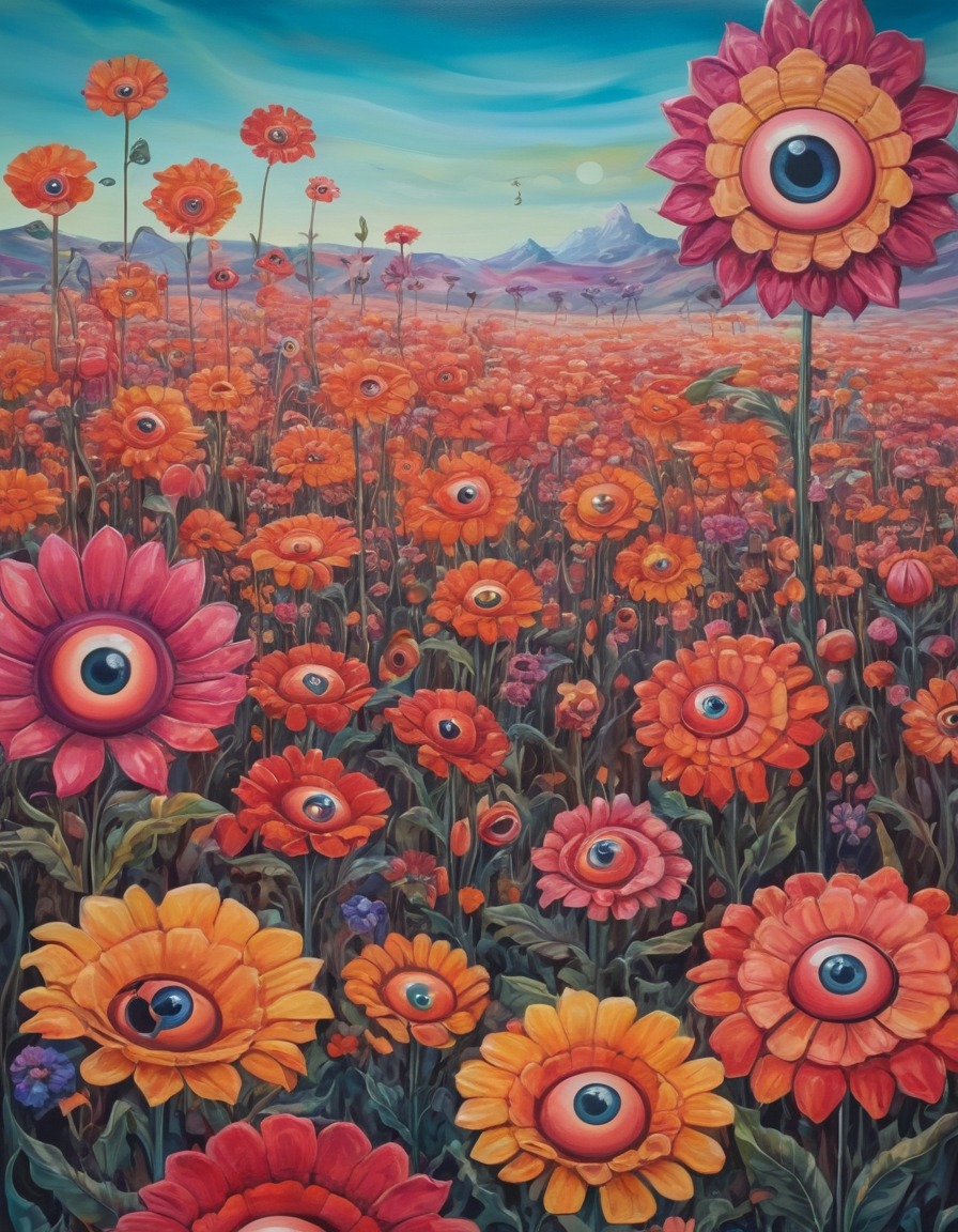 surreal, oversized flowers, anthropomorphic, whimsical