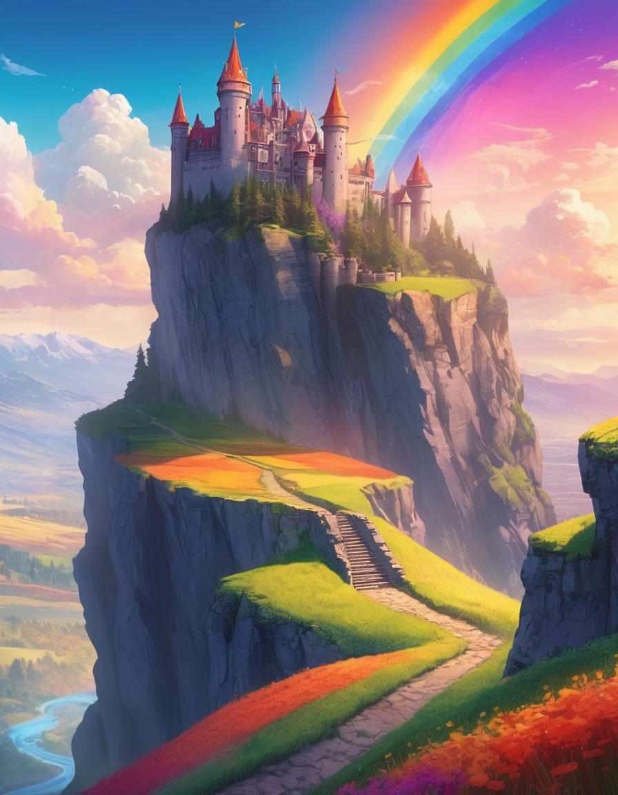 castle, cliff, valley, mythical creatures, rainbow fields, fantastic