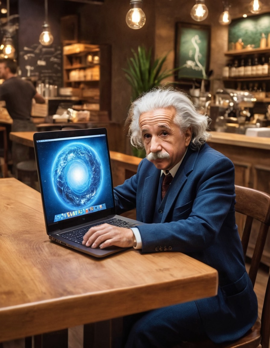 albert einstein, laptop, coffee shop, scientist, technology, work, genius