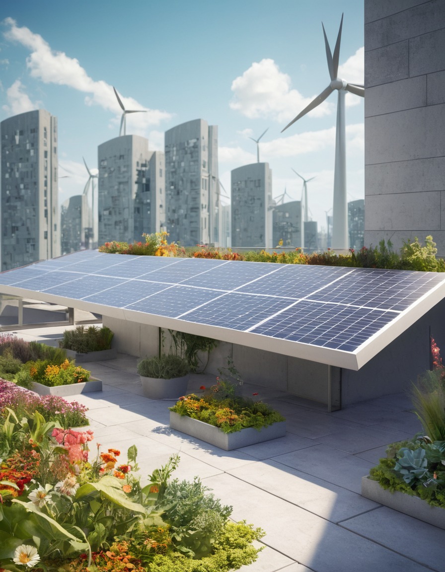 rooftop garden, oasis, urban sustainability, renewable energy, green infrastructure, modern city, city