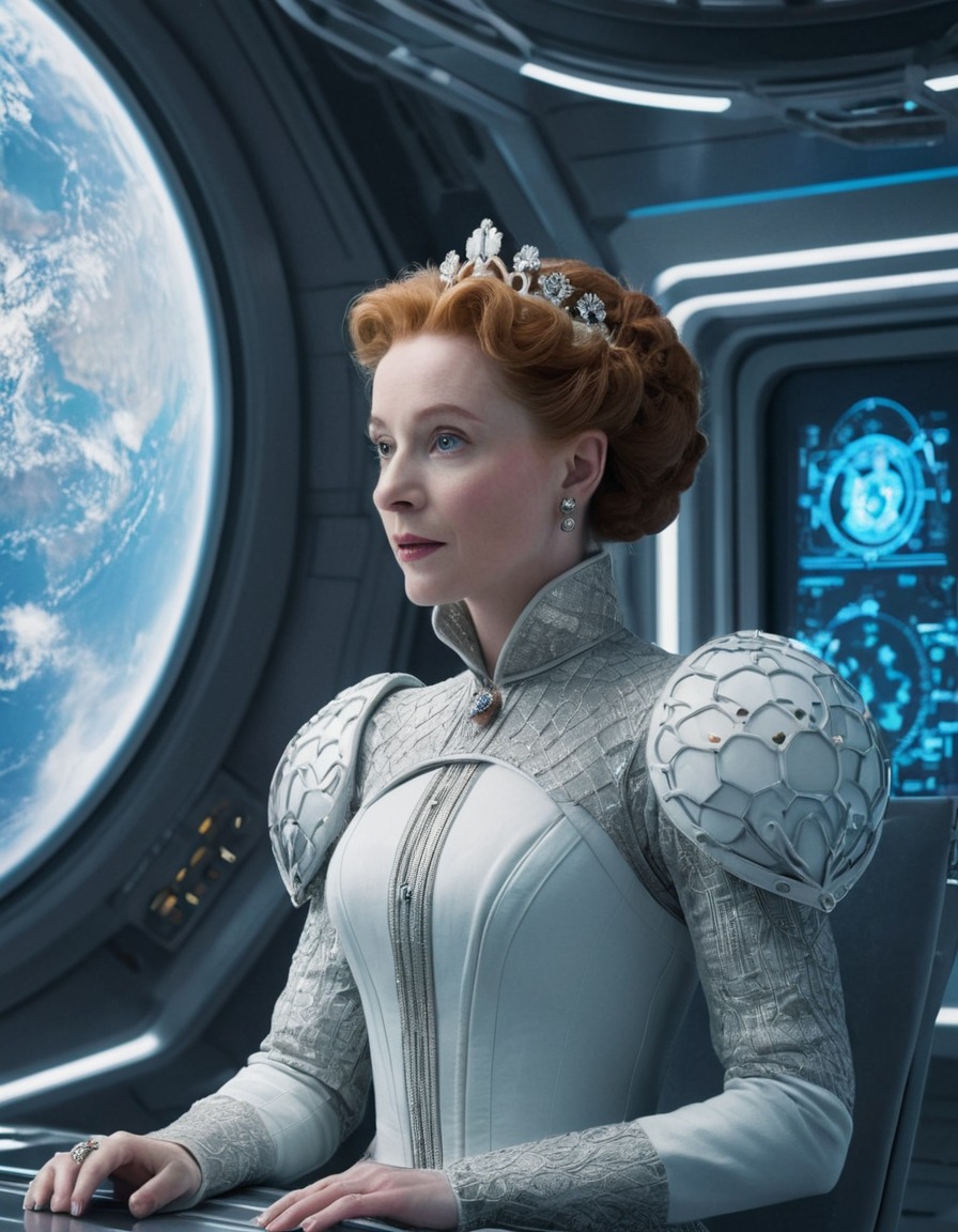 elizabeth i, england, space station, futuristic, royalty