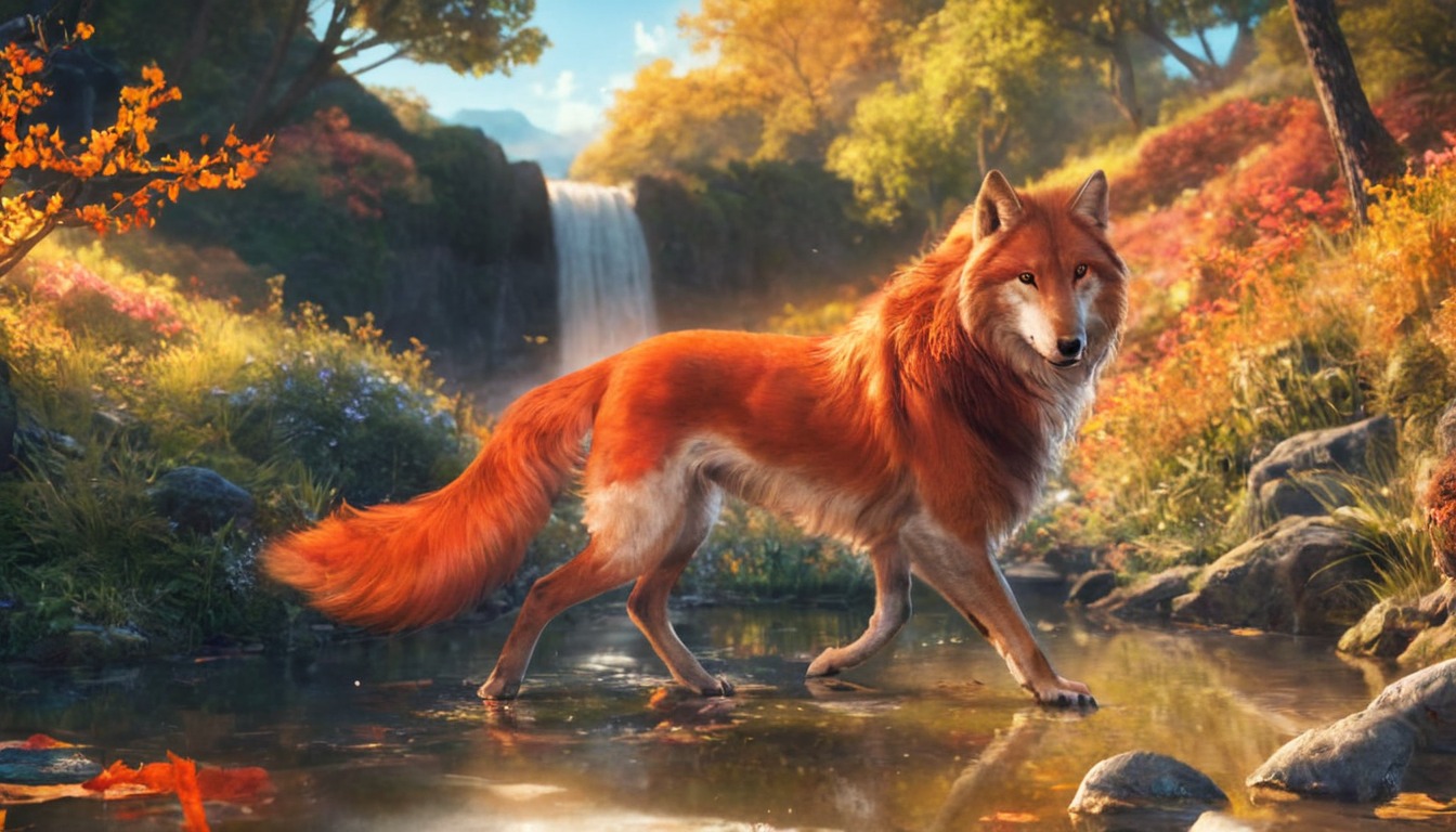 animal, autumn, background, canine, dog, fall, feral, forest, fox, wolf, fullfbody, waterfall, waterfalllandscape